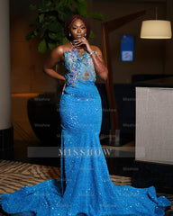 Stunning Long Ocean Blue Sweetheart Sleeveless Mermaid Prom Dress with Beadings and Sequins