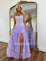 Stunning Long Sky Blue A-line Strapless Glitter Prom Dress with Slit