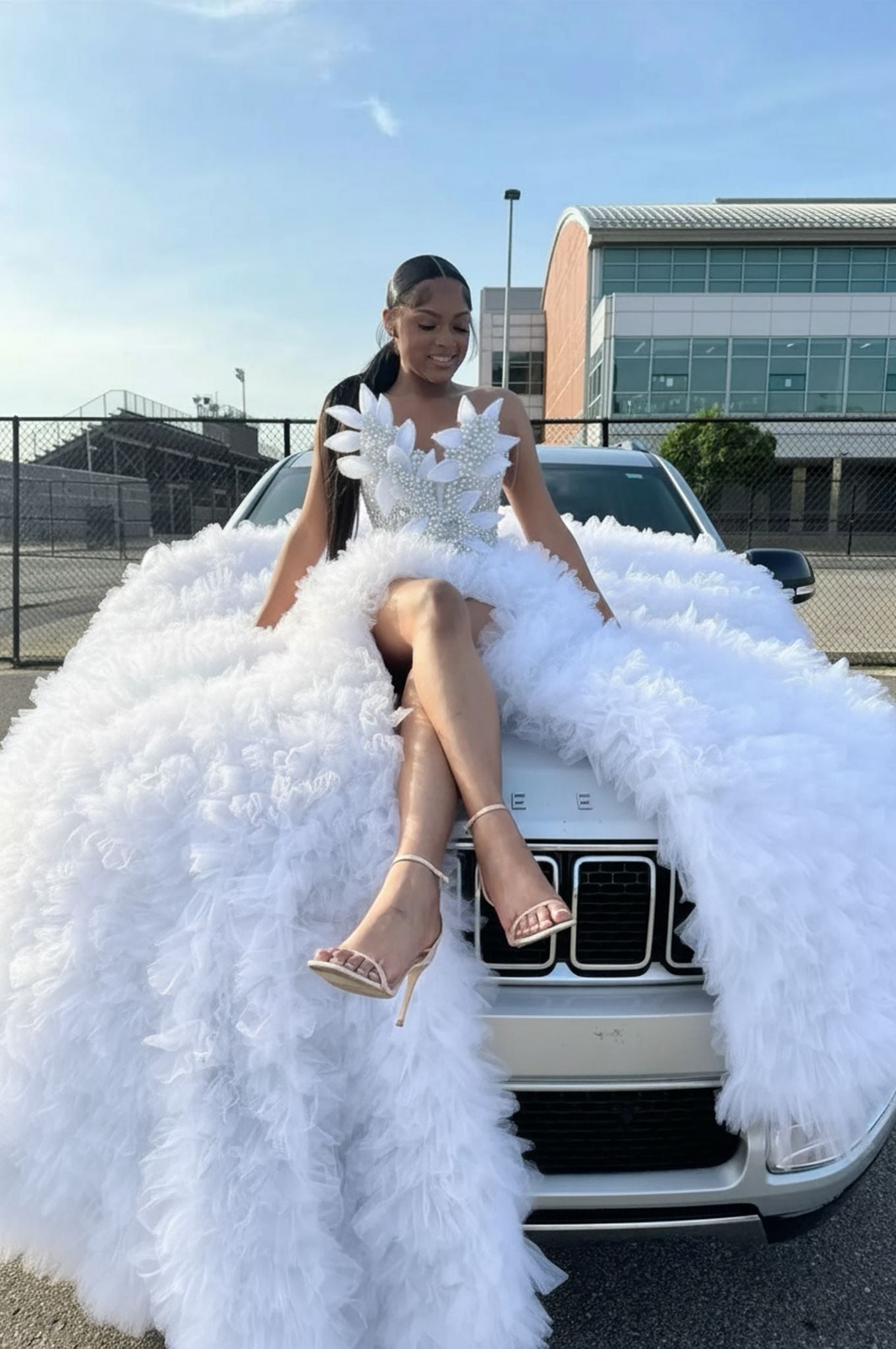White sweetheart split-front mermaid prom dress