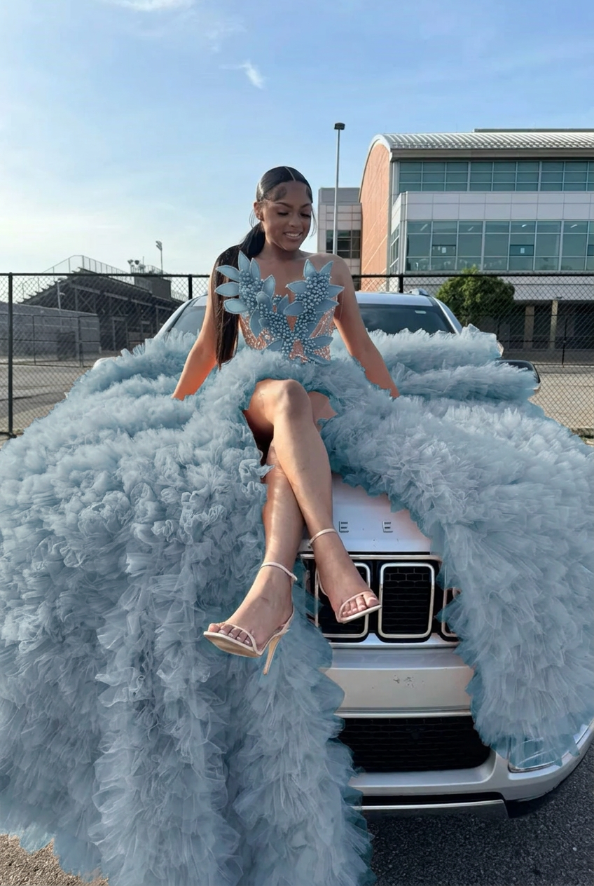 Dusty blue sweetheart split-front mermaid prom dress