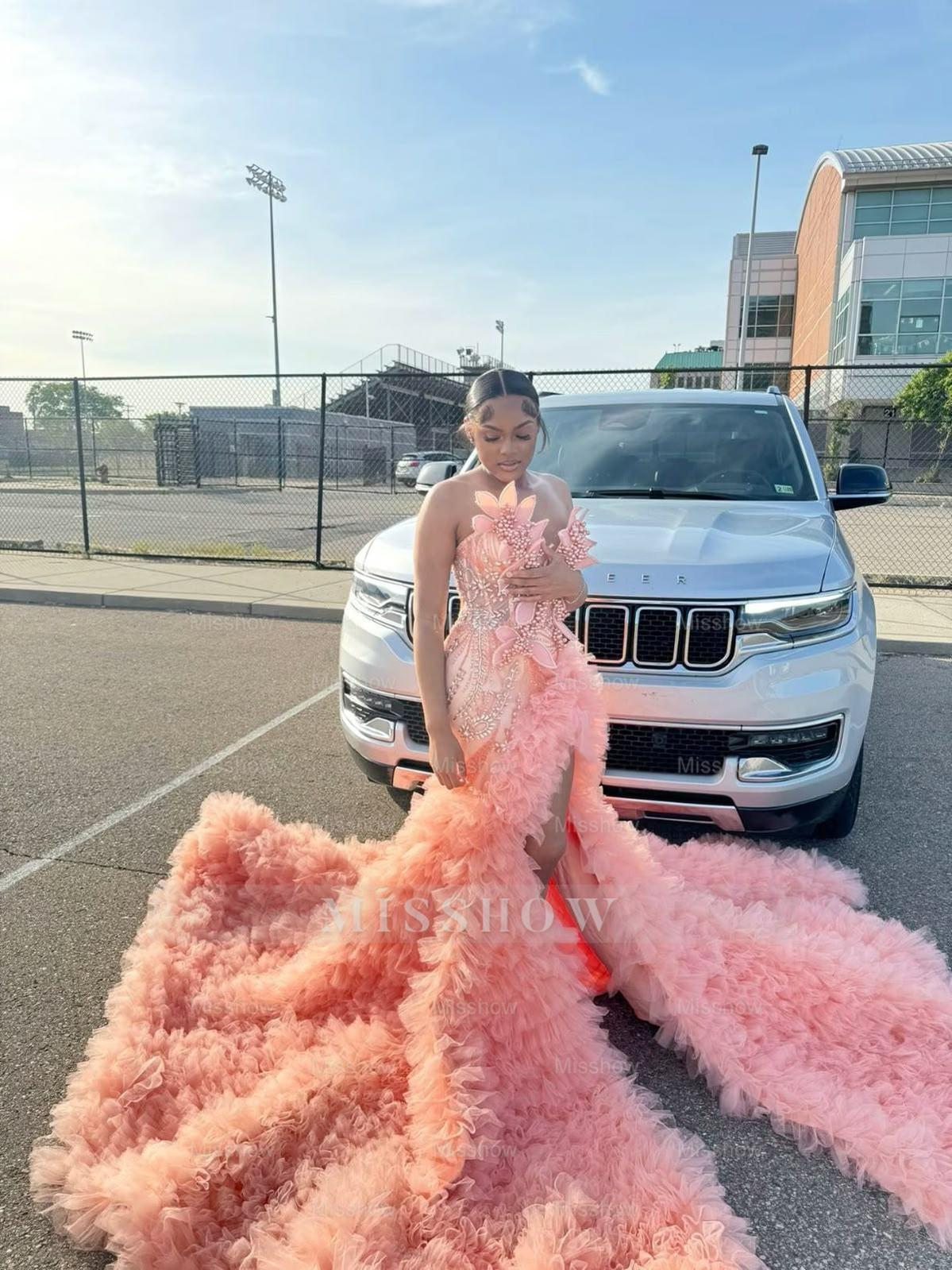 Stunning Pink Mermaid Prom Dress with Pearl Beading and Slit - Sleeveless Evening Gown