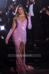 Stunning Pink Strapless Mermaid Prom Dress with Glitter Sequins and Split - Evening Gown