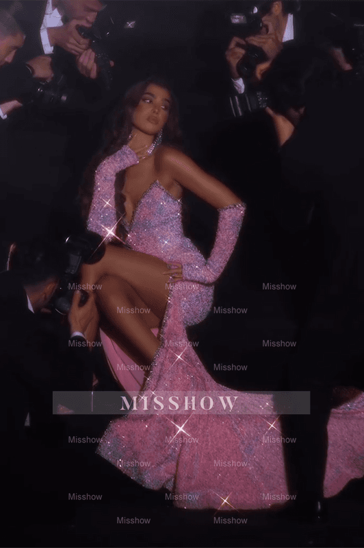 Stunning Pink Strapless Mermaid Prom Dress with Glitter Sequins and Split - Evening Gown