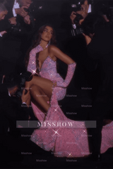 Stunning Pink Strapless Mermaid Prom Dress with Glitter Sequins and Split - Evening Gown