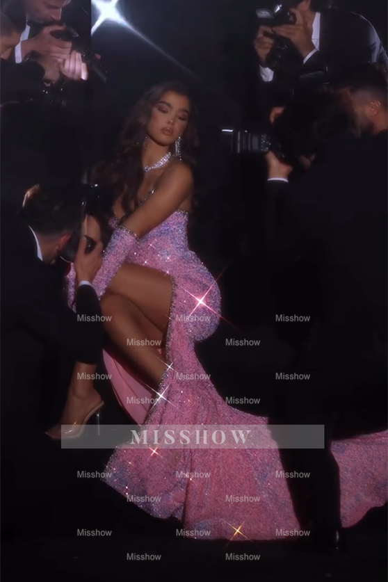 Stunning Pink Strapless Mermaid Prom Dress with Glitter Sequins and Split - Evening Gown
