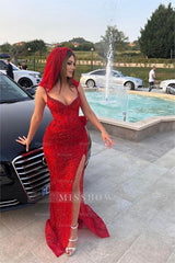Stunning Red Sequins Spaghetti Strap Sleeveless Long Formal Dress With Split