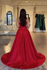 Stunning Red Strapless A-Line Sleeveless Split Front Ball Gown Chapel Train Satin Evening Dresses