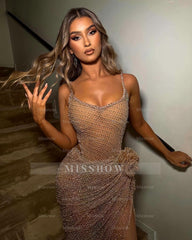 Stunning Sheath Spaghetti Strap Champagne Long Split Formal Dress