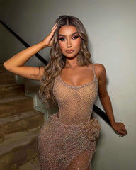 Stunning Sheath Spaghetti Strap Champagne Long Split Formal Dress