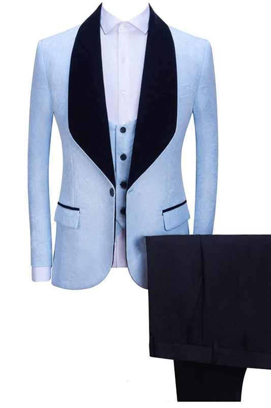 Stunning Sky Blue Shawl Collar Three-Piece Jacquard Groom's Suit
