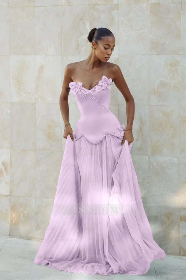 Stunning Strapless Sleeveless Long Formal Dress With Pleated Beading