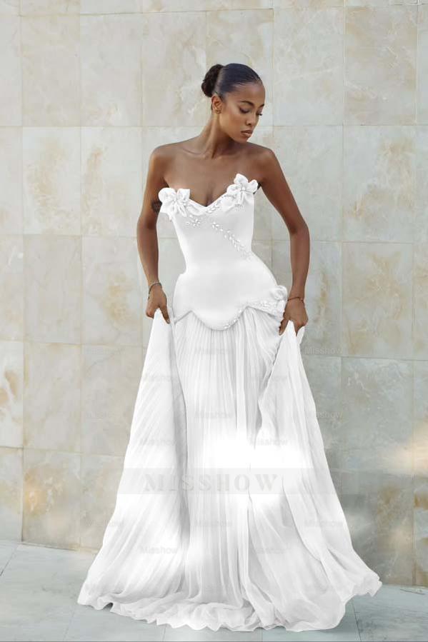 Stunning Strapless Sleeveless Long Formal Dress With Pleated Beading