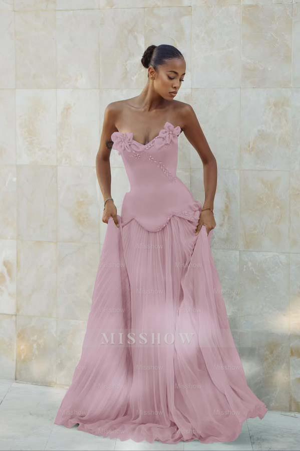 Stunning Strapless Sleeveless Long Formal Dress With Pleated Beading