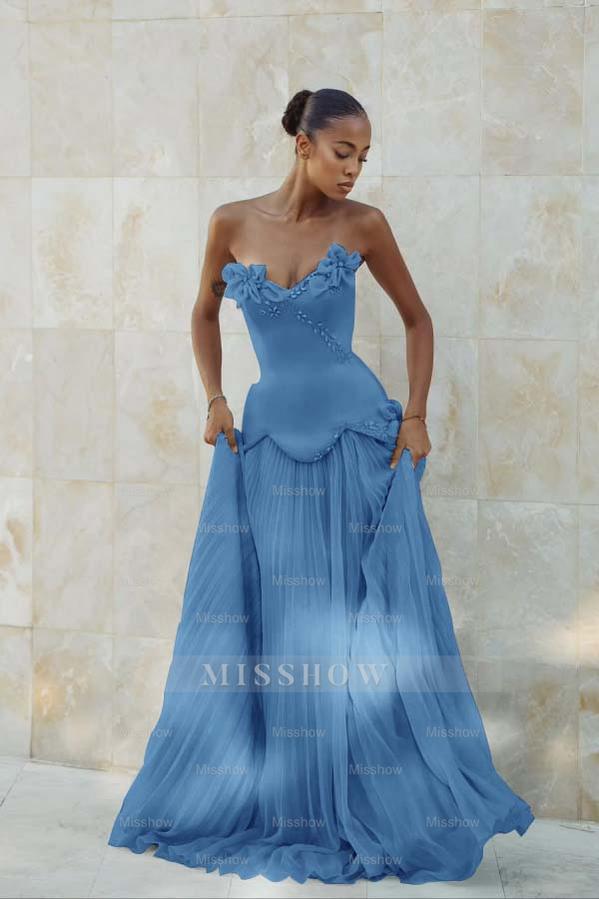 Stunning Strapless Sleeveless Long Formal Dress With Pleated Beading