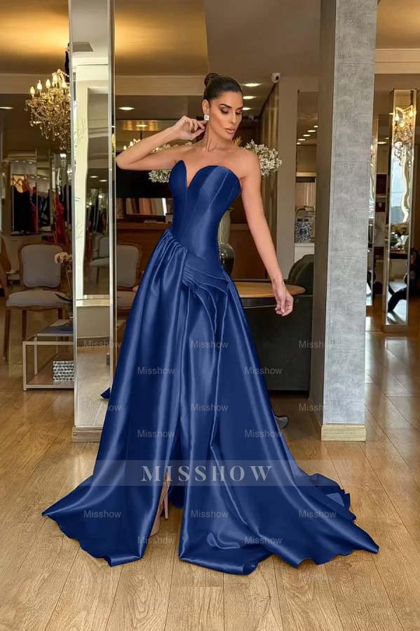 Stunning Strapless Sleeveless Long Split Formal Dress With Pleated