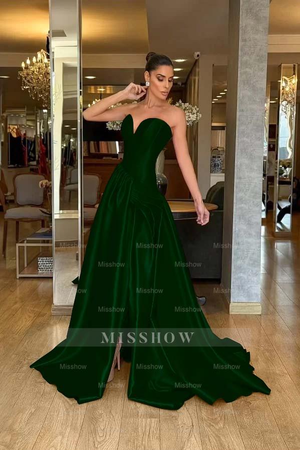 Stunning Strapless Sleeveless Long Split Formal Dress With Pleated