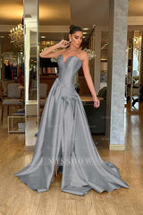 Stunning Strapless Sleeveless Long Split Formal Dress With Pleated