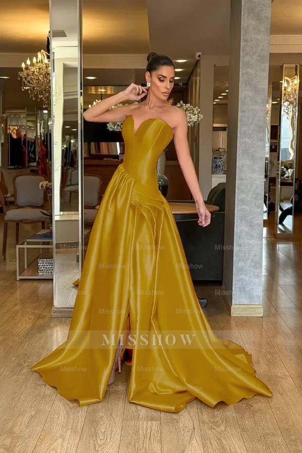 Stunning Strapless Sleeveless Long Split Formal Dress With Pleated