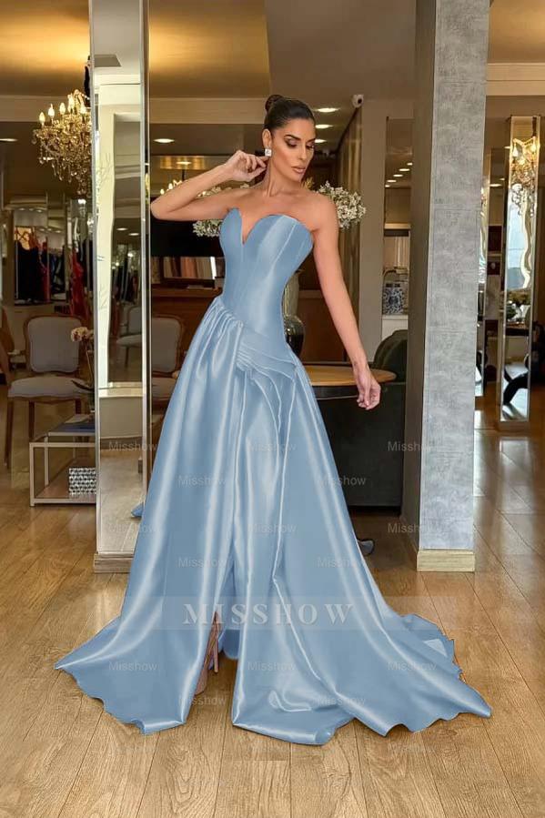 Stunning Strapless Sleeveless Long Split Formal Dress With Pleated