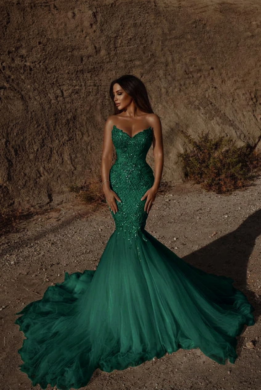 Dark green sweetheart beaded mermaid wedding dress