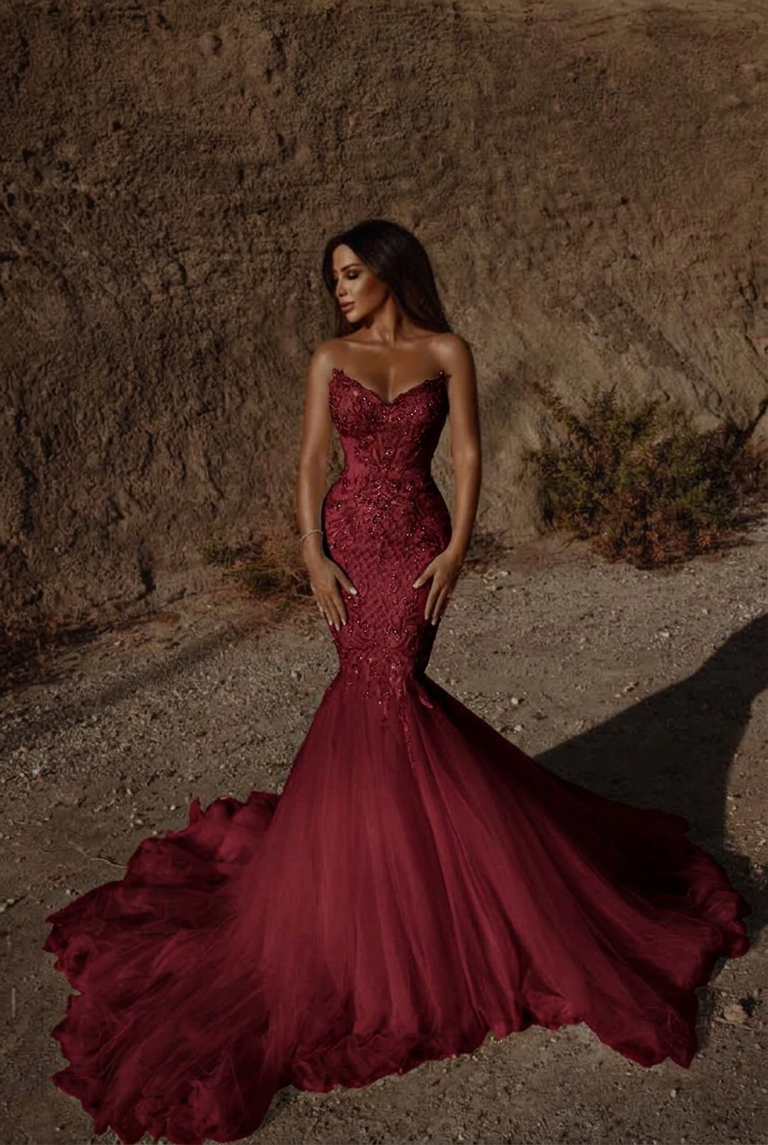 Burgundy sweetheart beaded mermaid wedding dress