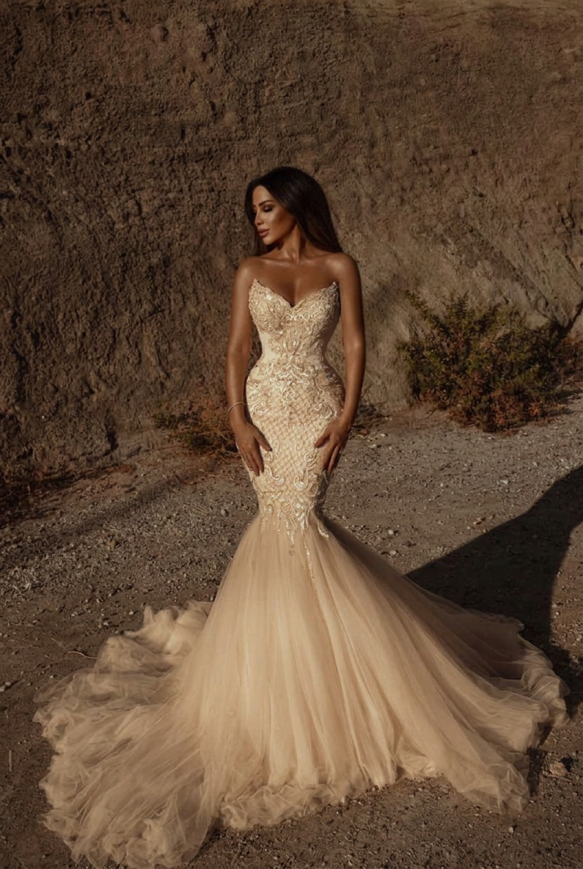 Champagne sweetheart beaded mermaid wedding dress