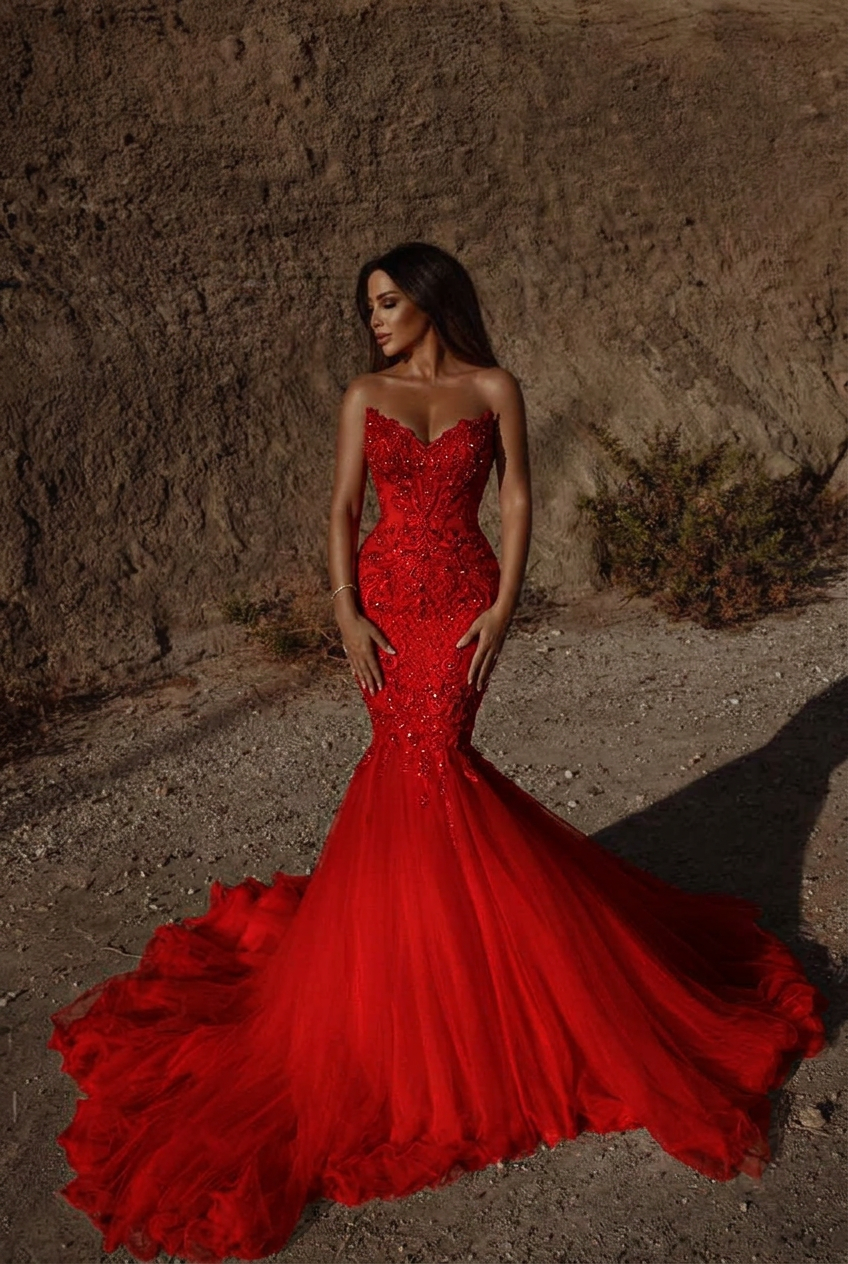 Red sweetheart beaded mermaid wedding dress