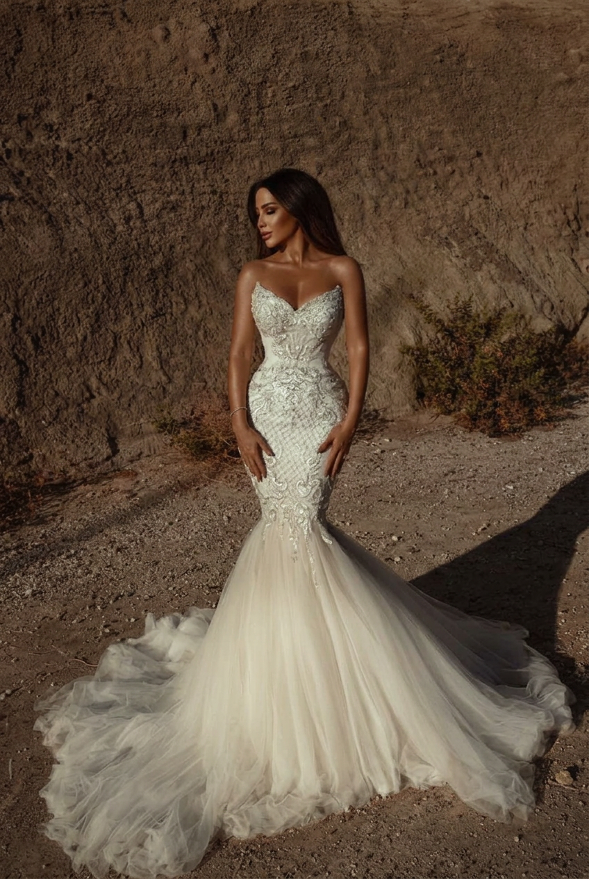 Ivory sweetheart beaded mermaid wedding dress