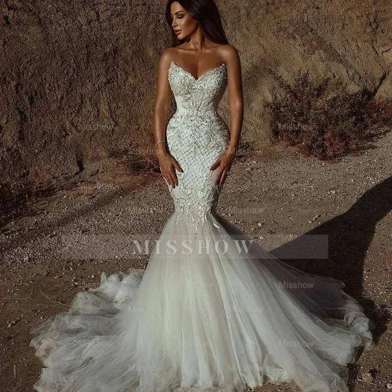 Stunning Sweetheart Beading Mermaid Wedding Gown Sleeveless Tulle Bridal Dress
