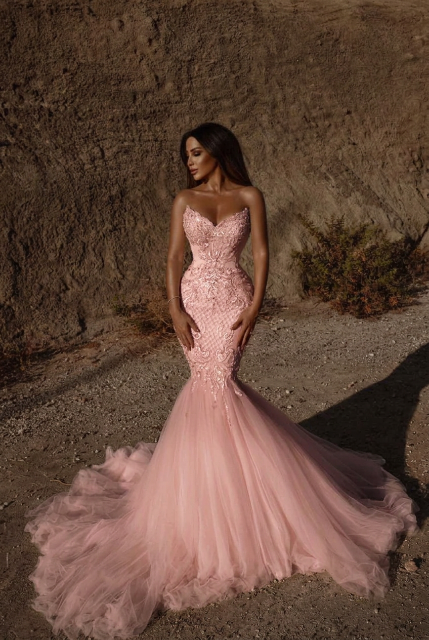 Blushing pink sweetheart beaded mermaid wedding dress