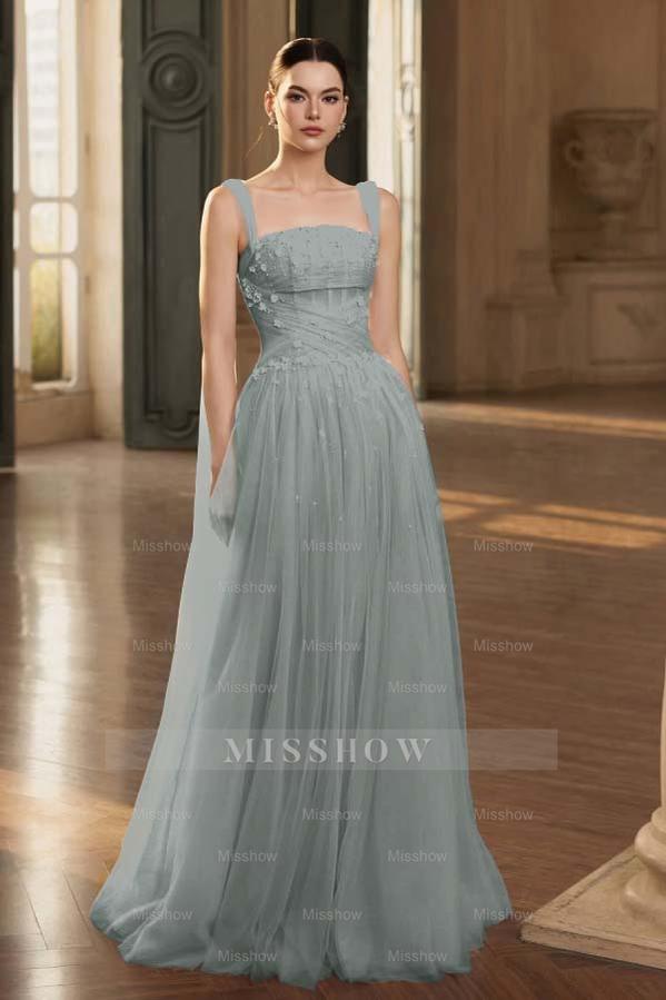 Stunning Tulle Straps Sleeveless Long Formal Dress With Beading