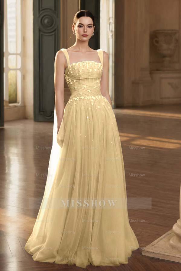 Stunning Tulle Straps Sleeveless Long Formal Dress With Beading