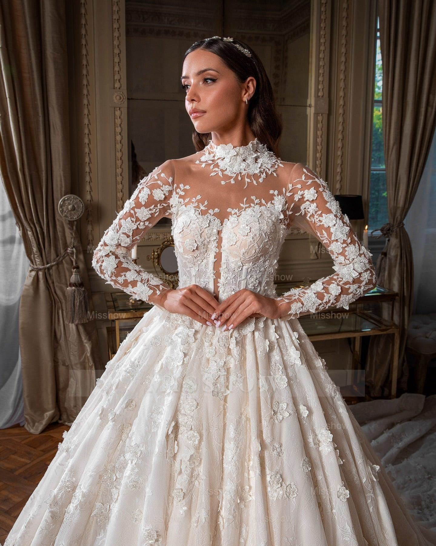 long sleeve cathedral train wedding dress Luxury Cathedral Train Wedding Dress with Lace Long Sleeves