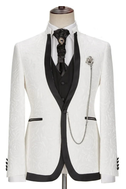Stunning White Jacquard Shawl Lapel Three-Piece Suit for Weddings