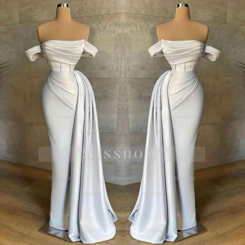 Stunning White Strapless Mermaid Pleated Long Formal Dress Off the Shoulder