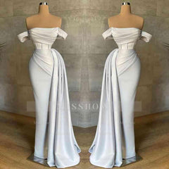 Stunning White Strapless Mermaid Pleated Long Formal Dress Off the Shoulder