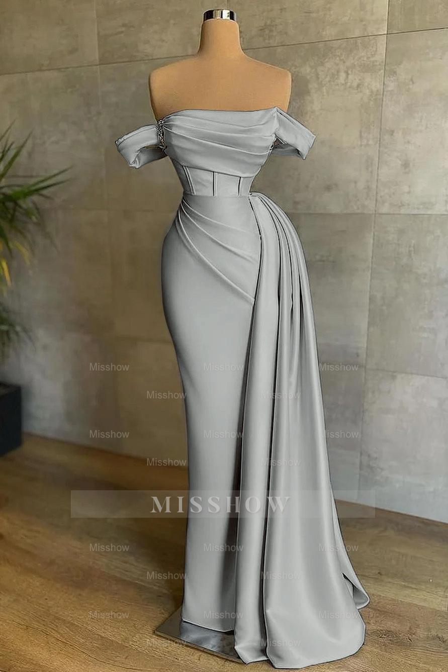 Stunning White Strapless Mermaid Pleated Long Formal Dress Off the Shoulder