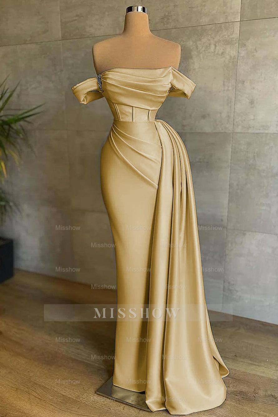 Stunning White Strapless Mermaid Pleated Long Formal Dress Off the Shoulder