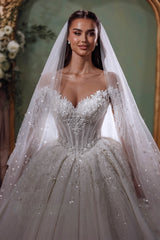 Stunning White Sweetheart Off-The-Shoulder Beaded Sequined Lace Long Sleeves Ball Gown Long Wedding Dresses