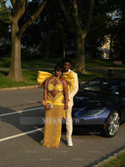 Stunning Yellow High Neck Sleeveless Column Prom Dress with Rhinestones and Bow