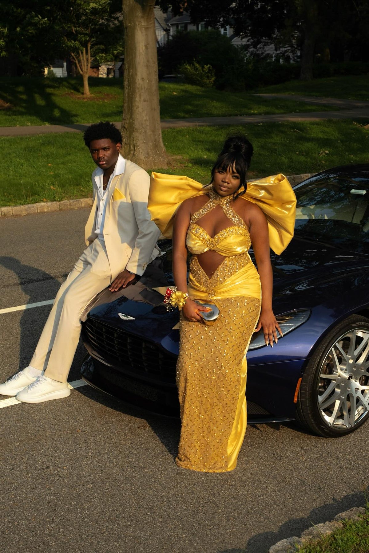 Stunning Yellow High Neck Sleeveless Column Prom Dress with Rhinestones and Bow