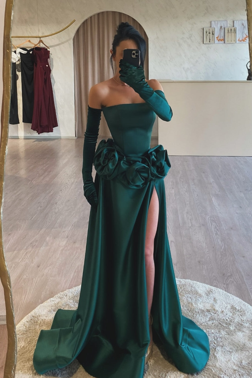 Stunning Dark Green Strapless A-Line Sleeveless Split Front Long Ruffles Satin Evening Dresses