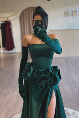 Stunning Dark Green Strapless A-Line Sleeveless Split Front Long Ruffles Satin Evening Dresses