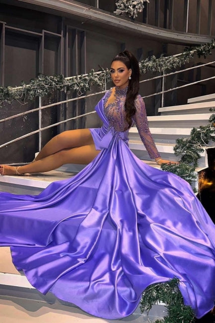 Stunning Purple High-Neck Beaded Long Sleeve Satin Panel Train Ruffle Short Evening Dresses