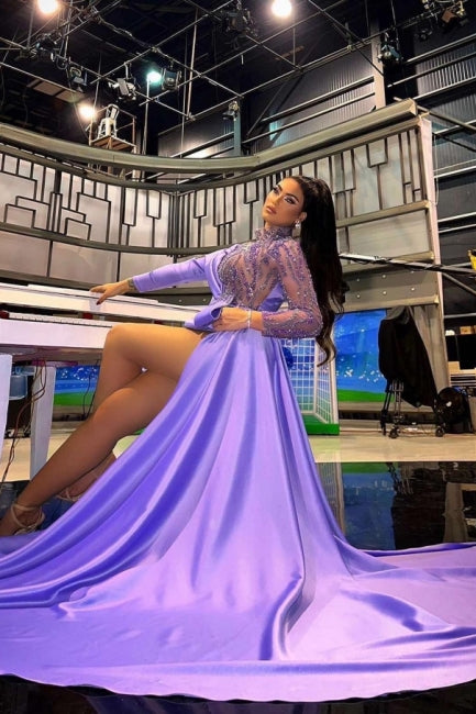 Stunning Purple High-Neck Beaded Long Sleeve Satin Panel Train Ruffle Short Evening Dresses