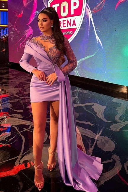 Stunning Purple High-Neck Beaded Long Sleeve Satin Panel Train Ruffle Short Evening Dresses