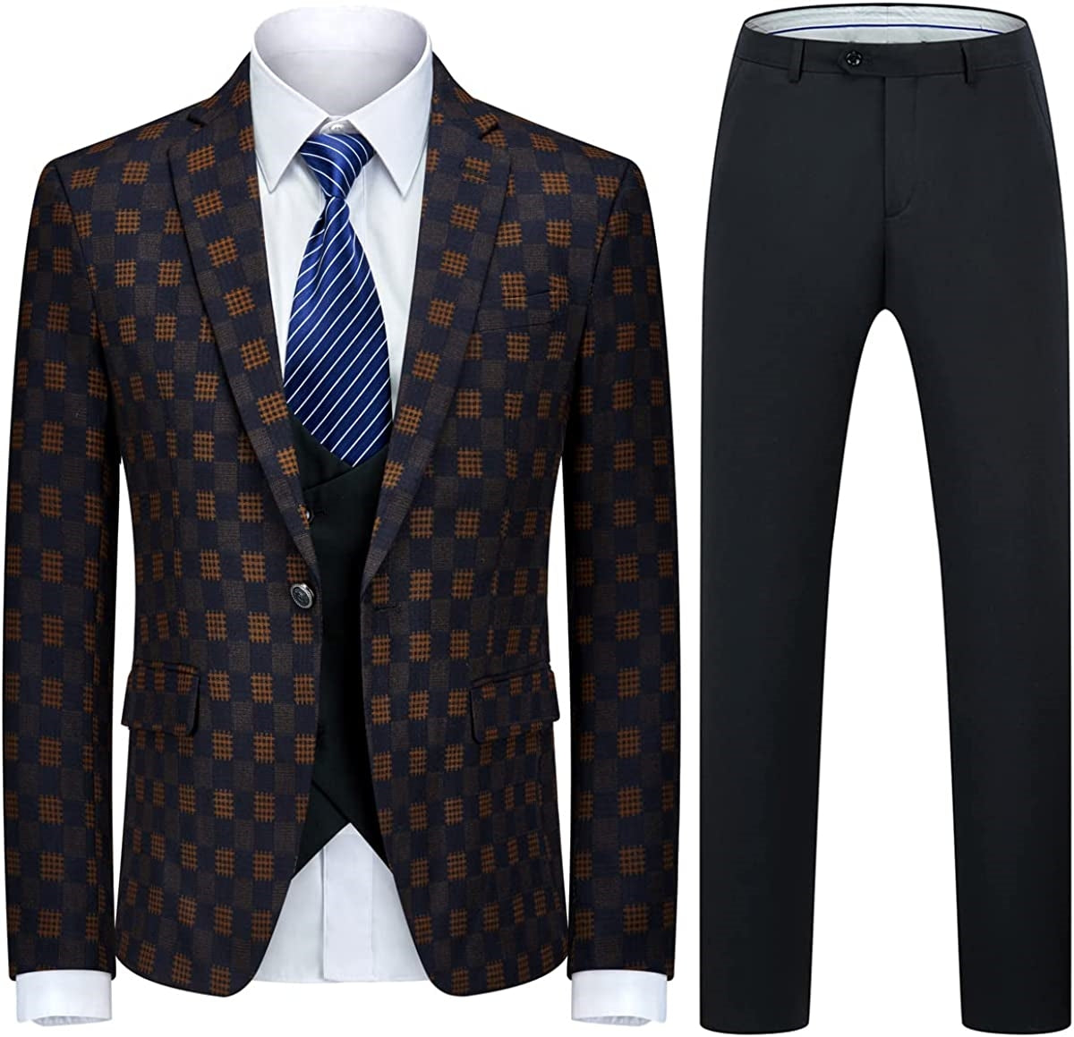 Stylish Black And Yellow Plaid Three-Piece Business Suit for Men