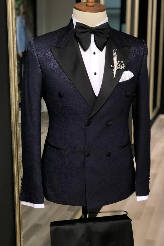 Stylish Black Jacquard Peaked Lapel Double-Breasted Prom Attire