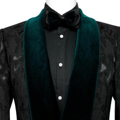 Stylish Black Jacquard Wedding Suit With Dark Green Velvet Shawl Collar