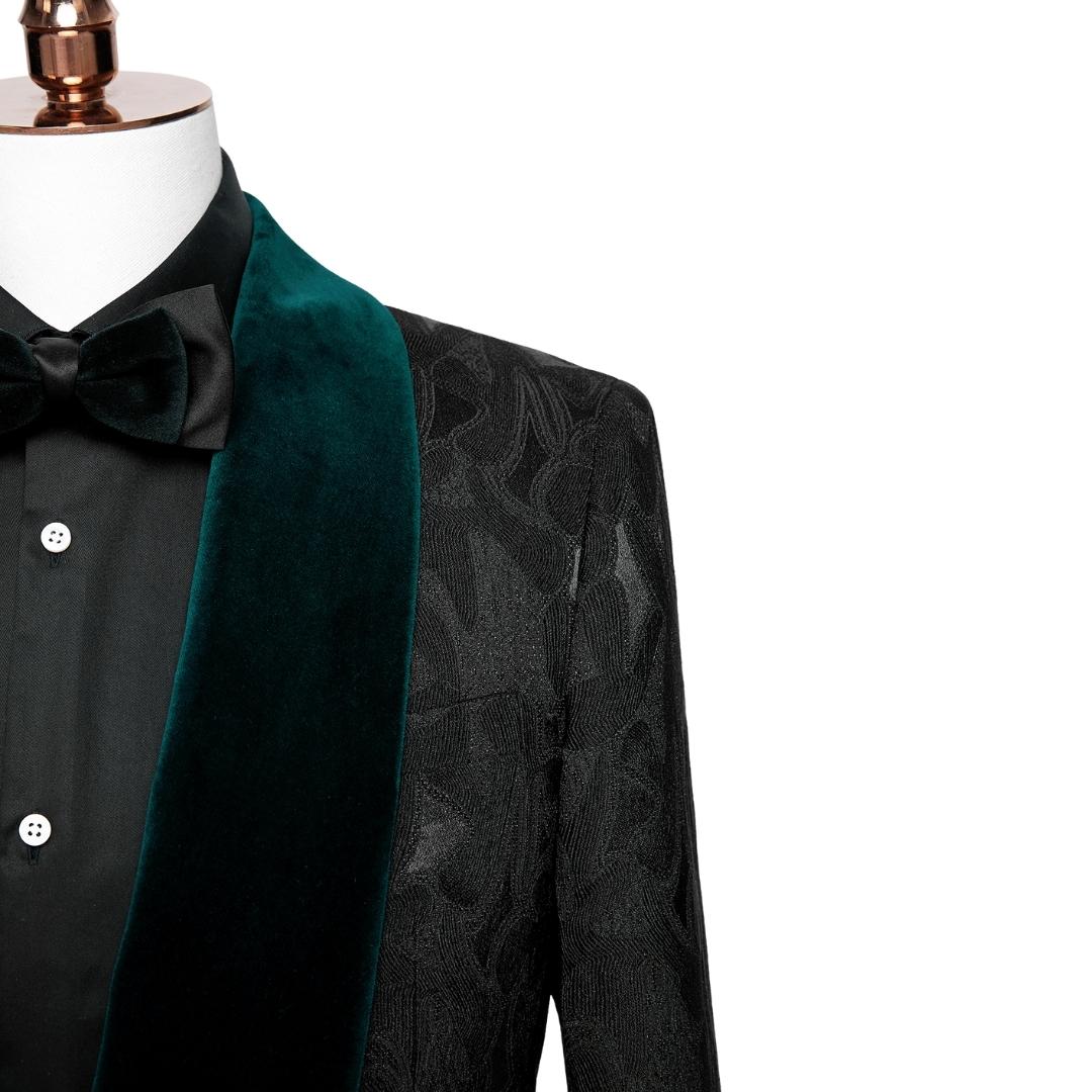 Stylish Black Jacquard Wedding Suit With Dark Green Velvet Shawl Collar